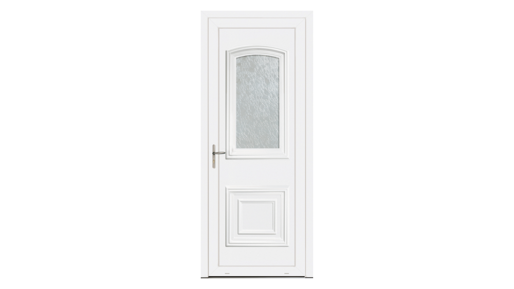 Porte d'entrée PVC parclosé ECO REVE Porte d'entrée blanche au style classique avec insert vitré et décorations moulures